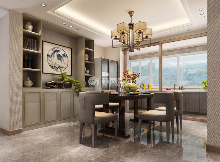 新中式风格餐边柜冰箱一体式设计装修效果图