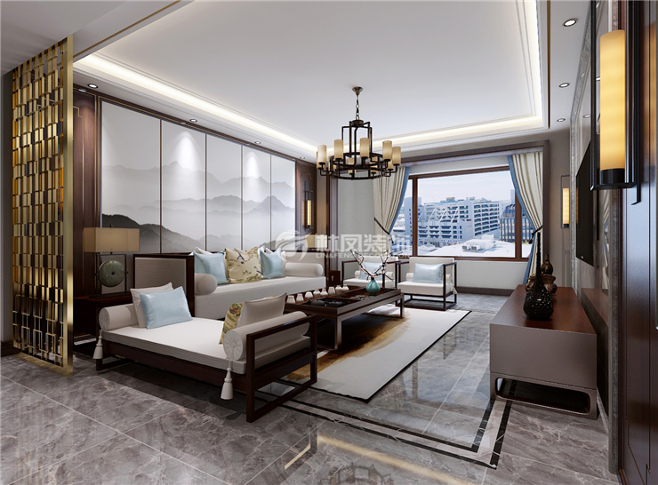 中式风格壁画沙发背景墙设计装修效果图