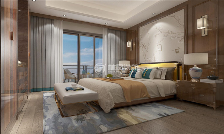 新中式风格卧室护墙板装修效果图